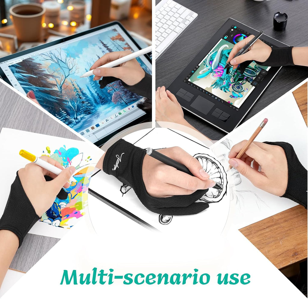 Digital Drawing Glove 3-Layer Palm Rejection(Large,Black) Two-Finger Artist Glove for Graphics Drawing Tablet,Monitor,Sketching,ipad,Paper,Fits for Right and Left Hand