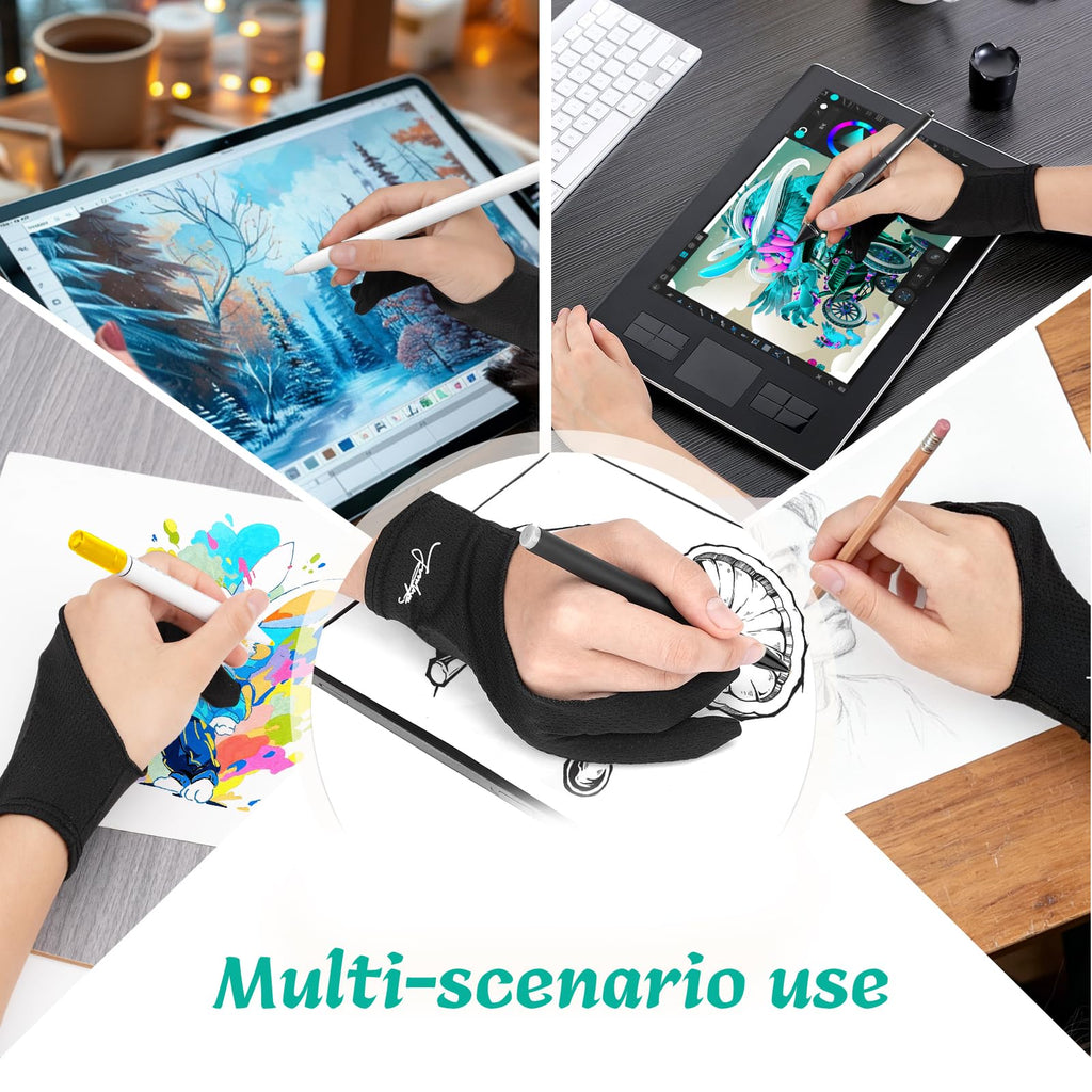 Digital Drawing Glove 3-Layer Palm Rejection(Large,Black) Two-Finger Artist Glove for Graphics Drawing Tablet,Monitor,Sketching,ipad,Paper,Fits for Right and Left Hand