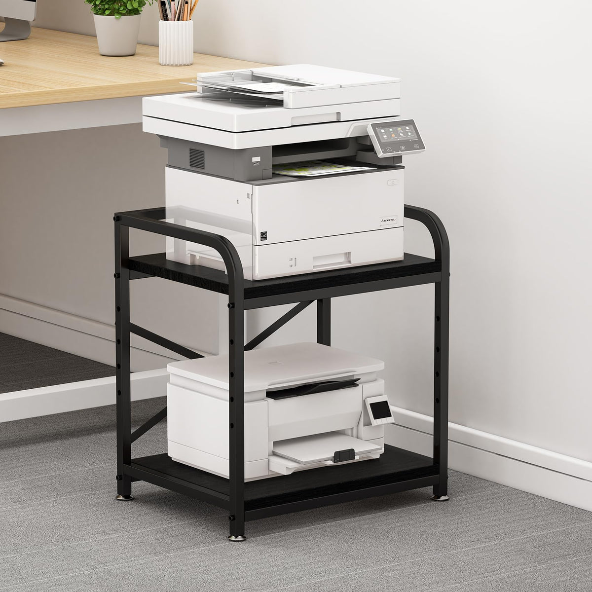 20 Inches Large White Printer Stand, 2-Tier Under Desk Printer Table with Height Adjustable Shelf, Rolling Printer Cart with Industrial Wheels for Home Office (White)