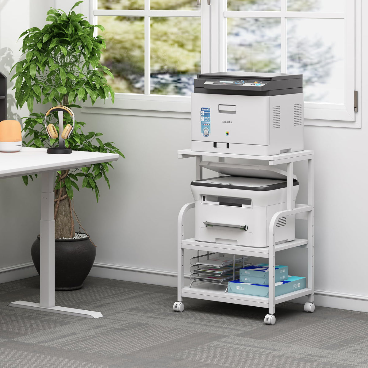 Fannova 3 Tier Gray Printer Stand with Height Adjustable Storage Shelf