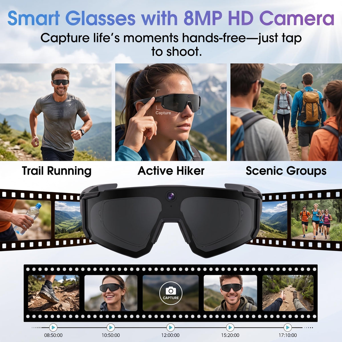 AI Smart Glasses with Camera, Bluetooth Sunglasses for Sports-Blue