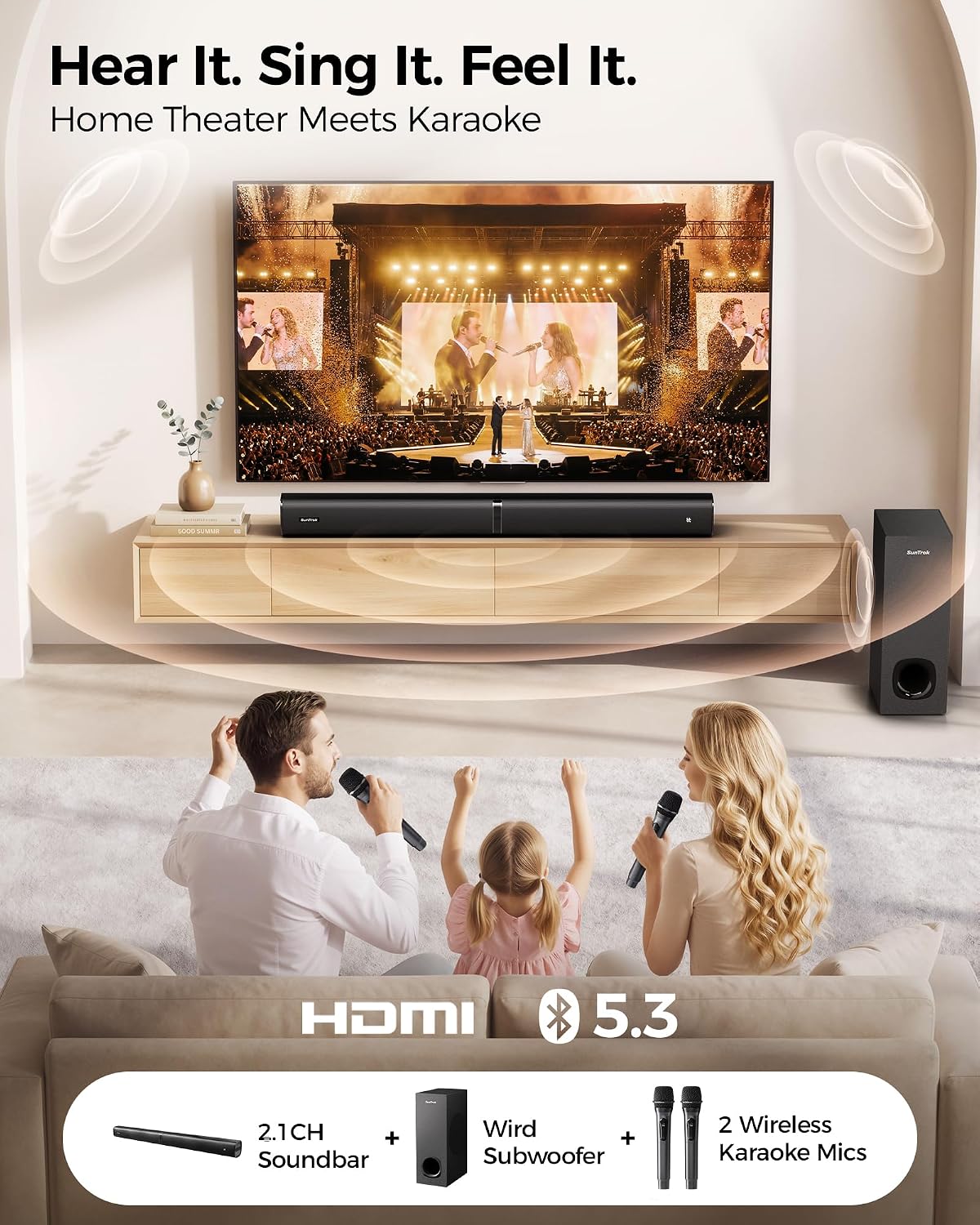 Karaoke Soundbar with Subwoofer for TV and 2 Wireless Microphones