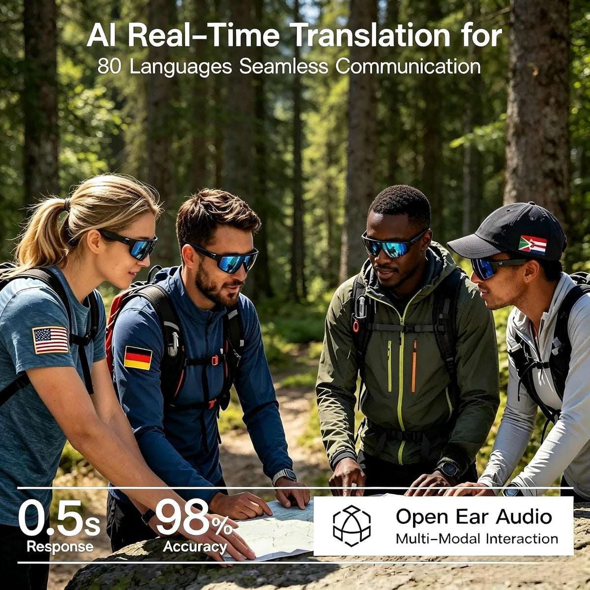 AI Smart Glasses, Voice Control Sports Sunglasses, EIS Anti-Shake, IP54 Waterproof, Real-Time Translation, Open Ear Audio Cycling Glasses for Outdoor Hiking Surfing Running