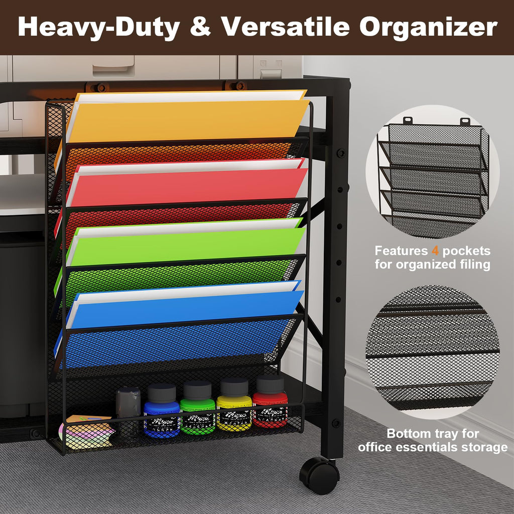 EasyCom 24"x20" Printer Stand with Storage, File Holder & Wheels, Brown