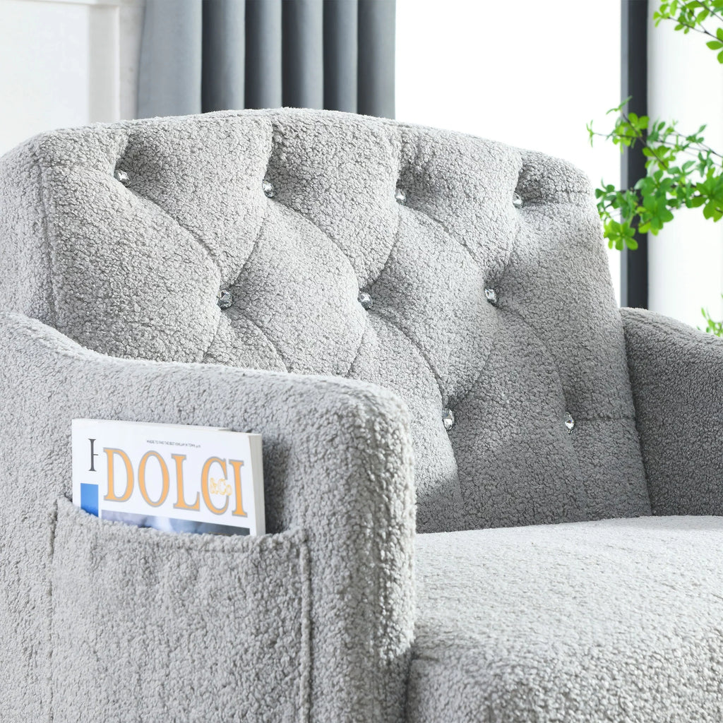 30 "W Modern Chesterfield Tufted Upholstered Chair with Deep Buttons, Living Room Chair, Comtable Armchair, Gold Hardware Legs, Tufted Chair Reading or Relaxing, GREY TEDDY