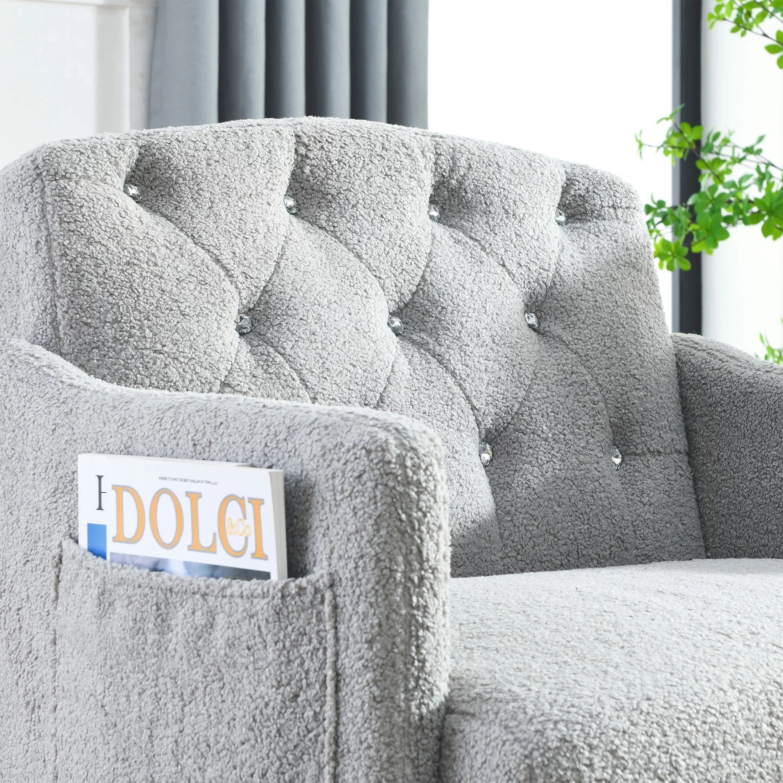 30 "W Modern Chesterfield Tufted Upholstered Chair with Deep Buttons, Living Room Chair, Comtable Armchair, Gold Hardware Legs, Tufted Chair Reading or Relaxing, GREY TEDDY