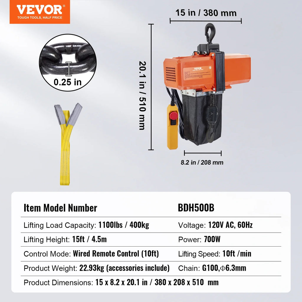BENTISM Electric Chain Hoist Single Phase Crane Hoist 1100 lbs Load 15 ft Lifting