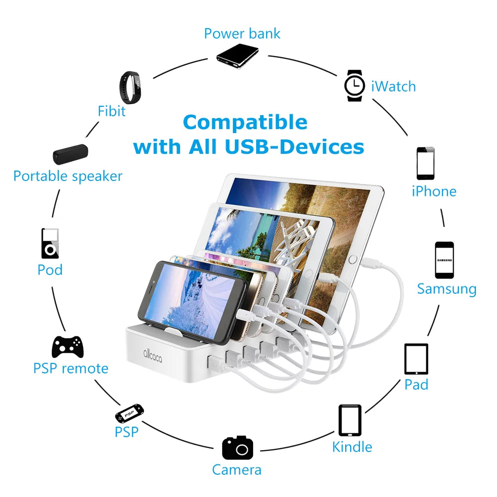 USB Charging Station Multiple Devices - Fast Charging Organizer with 6 USB Ports Dock Cell Phone Apple, Samsung, Android Phone, iPhone