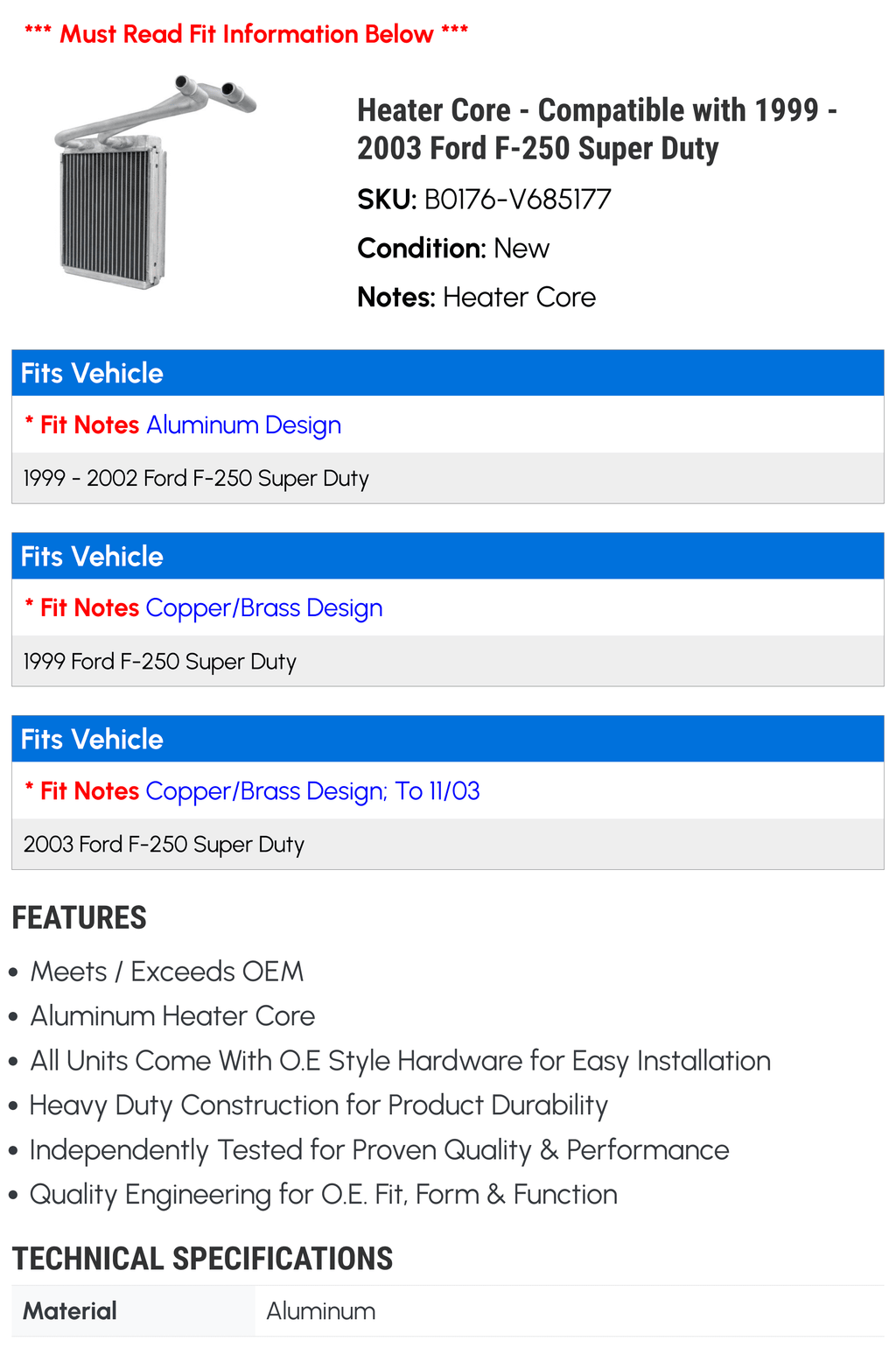 Heater Core - with 1999 - 2003 Ford F-250 Super Duty 2000 2001 2002
