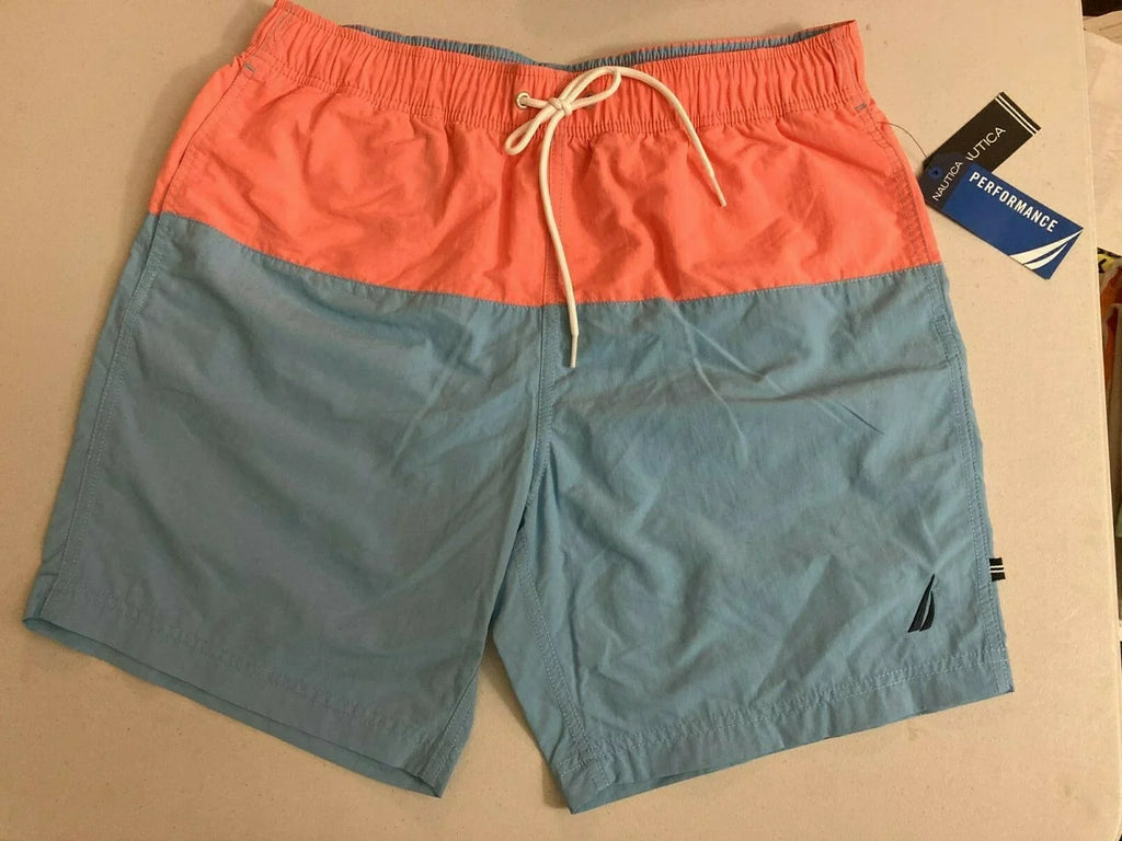 Nautica Men's Colorblocked 8" Swim Trunks T11005 in Alaskan Blue/Peach-Size M