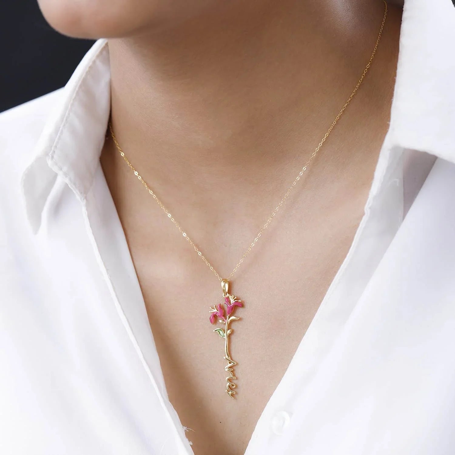 Shop LC 925 Sterling Silver 14K Yellow Gold Plated Pink Green Enameled Aries Zodiac Birth Honeysuckle Pendant Necklace Women Jewelry Gifts Women Size 16-18" Birthday Gifts Women