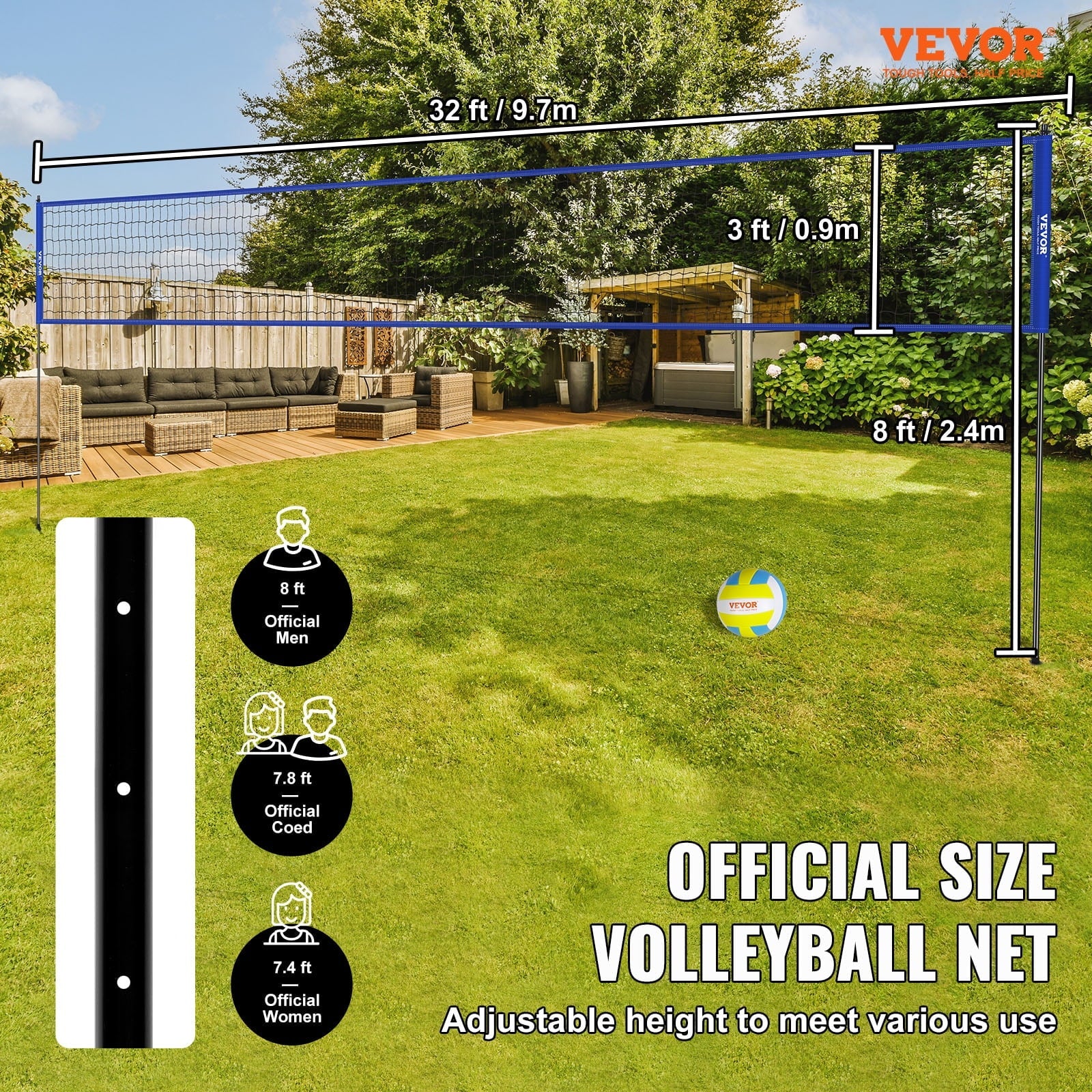 BENTISM 32ft x 3ft Portable Volleyball Net System Adjustable Height Poles with PVC Volleyball, Carrying Bag, Boundary Lines, Steel Poles & Pump Outdoor Sports