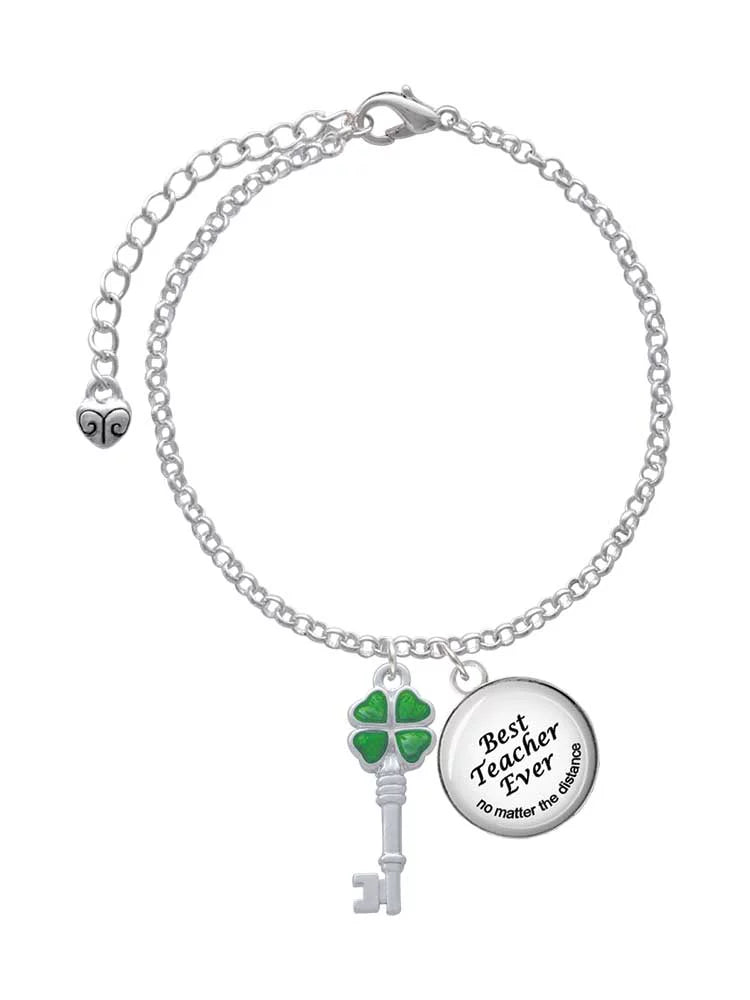Delight Jewelry Silvertone Translucent Green Lucky Four Leaf Clover Key Dome Best Teacher Ever Charm Bracelet