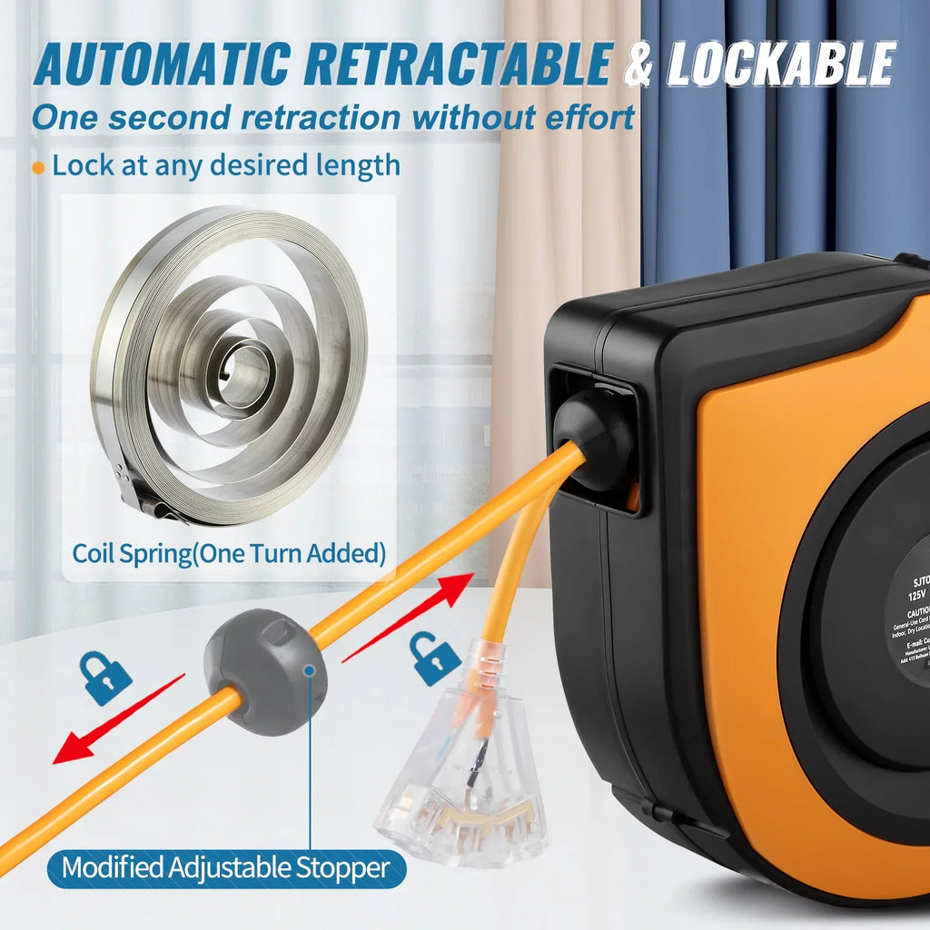BENTISM Retractable Extension Cord Reel Power Cord Reel 65FT 12AWG/3C SJTOW UL