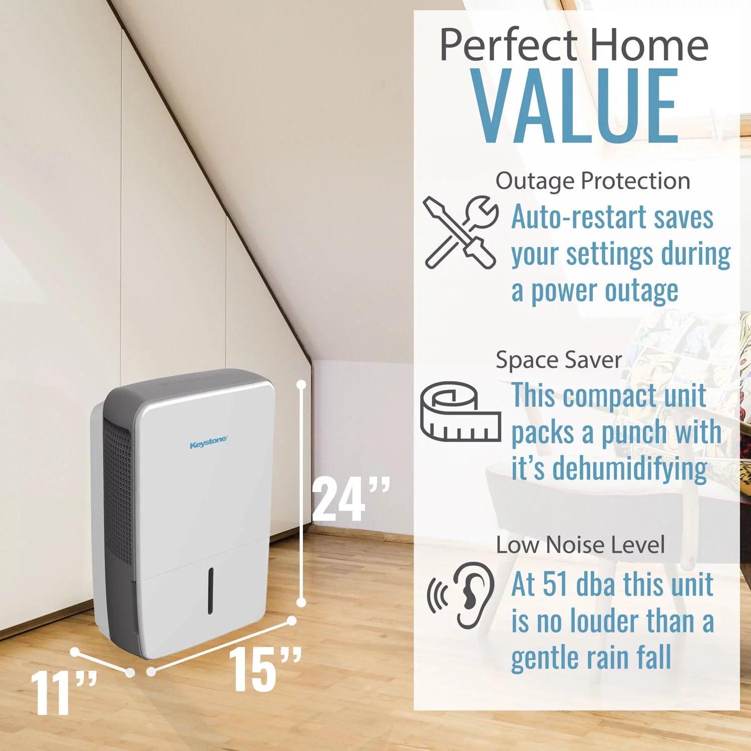 Keystone 50 Pint Dehumidifier with Electronic Controls and Built-In Pump