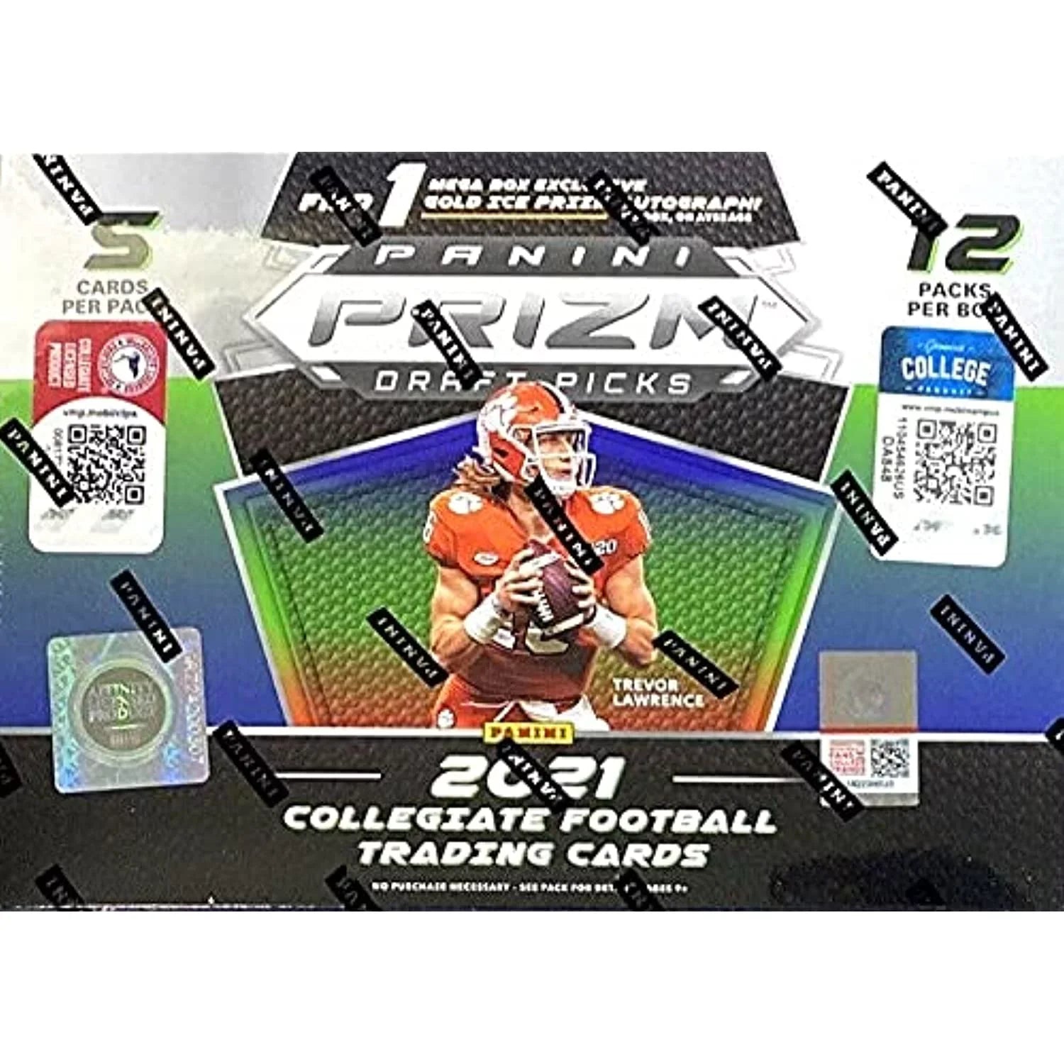 2021 Panini Prizm Draft Picks Football MEGA Box (12 pks/bx, ONE Gold Ice Prizm Autograph card/bx)