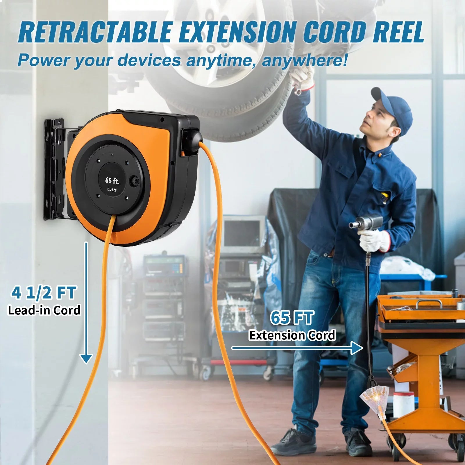 BENTISM Retractable Extension Cord Reel Power Cord Reel 65FT 12AWG/3C SJTOW UL