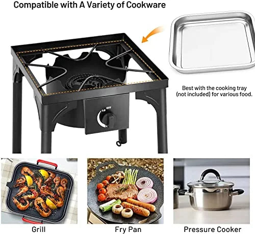 Moccha 100, 000 BTU Single Burner Outdoor Stove Propane Gas Cooker w/Detachable Legs, Portable Cast Iron Patio Cooking Burner Perfect Camping, Patio, or RV