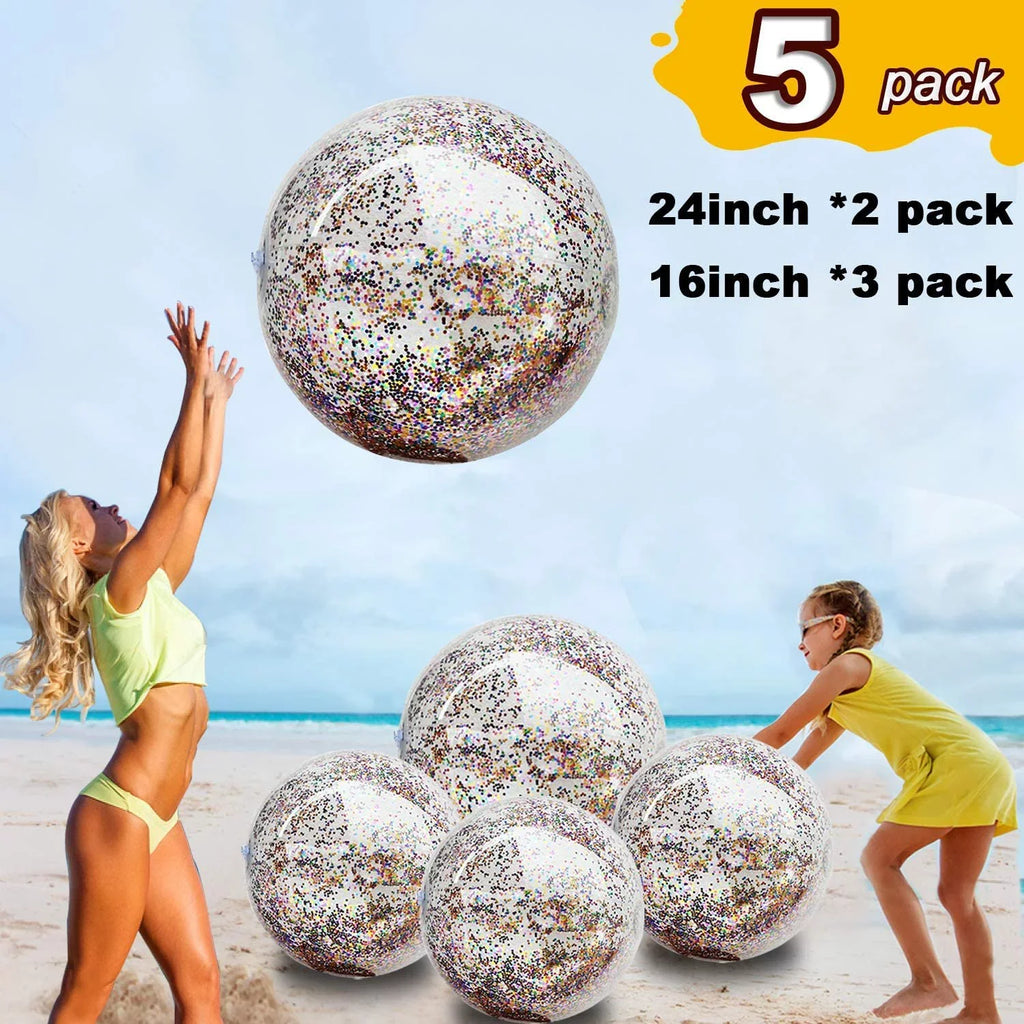Lina Inflatable Beach Ball Pool Accessory Glitter Confetti 16 & 24 Inch Outdoor Beach Theme Water Sand Toy Beach Party Decoration, Pool Party Supplies Beach Balls -Set of 5 |