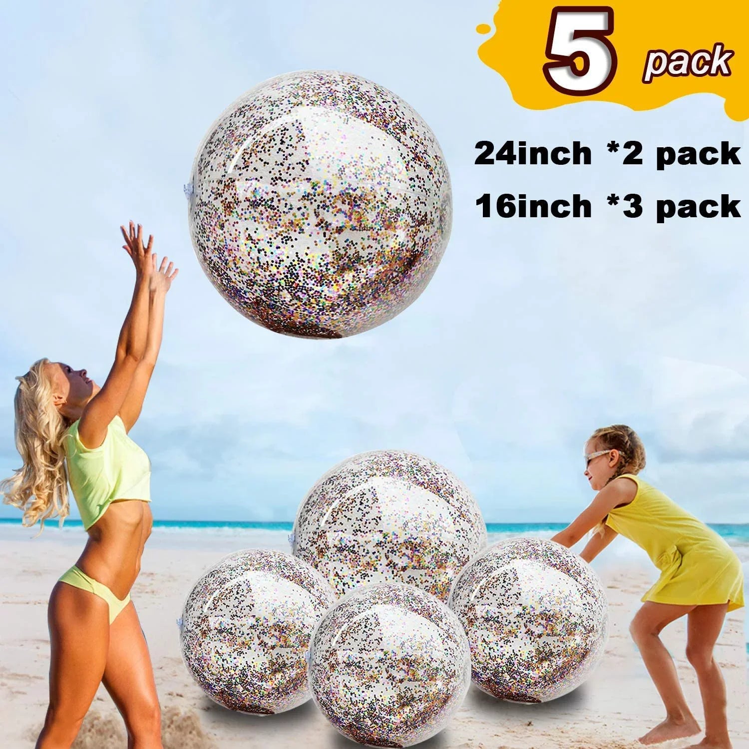 Lina Inflatable Beach Ball Pool Accessory Glitter Confetti 16 & 24 Inch Outdoor Beach Theme Water Sand Toy Beach Party Decoration, Pool Party Supplies Beach Balls -Set of 5 |