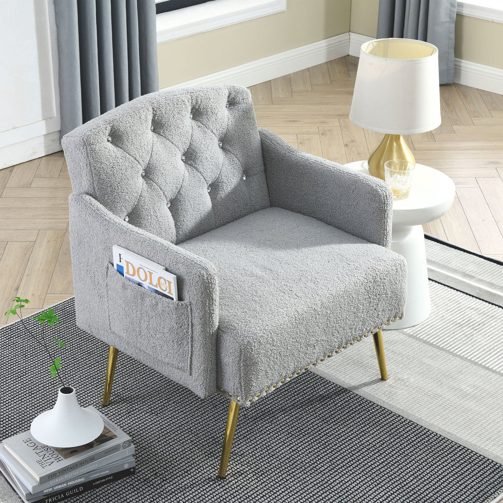 30 "W Modern Chesterfield Tufted Upholstered Chair with Deep Buttons, Living Room Chair, Comtable Armchair, Gold Hardware Legs, Tufted Chair Reading or Relaxing, GREY TEDDY