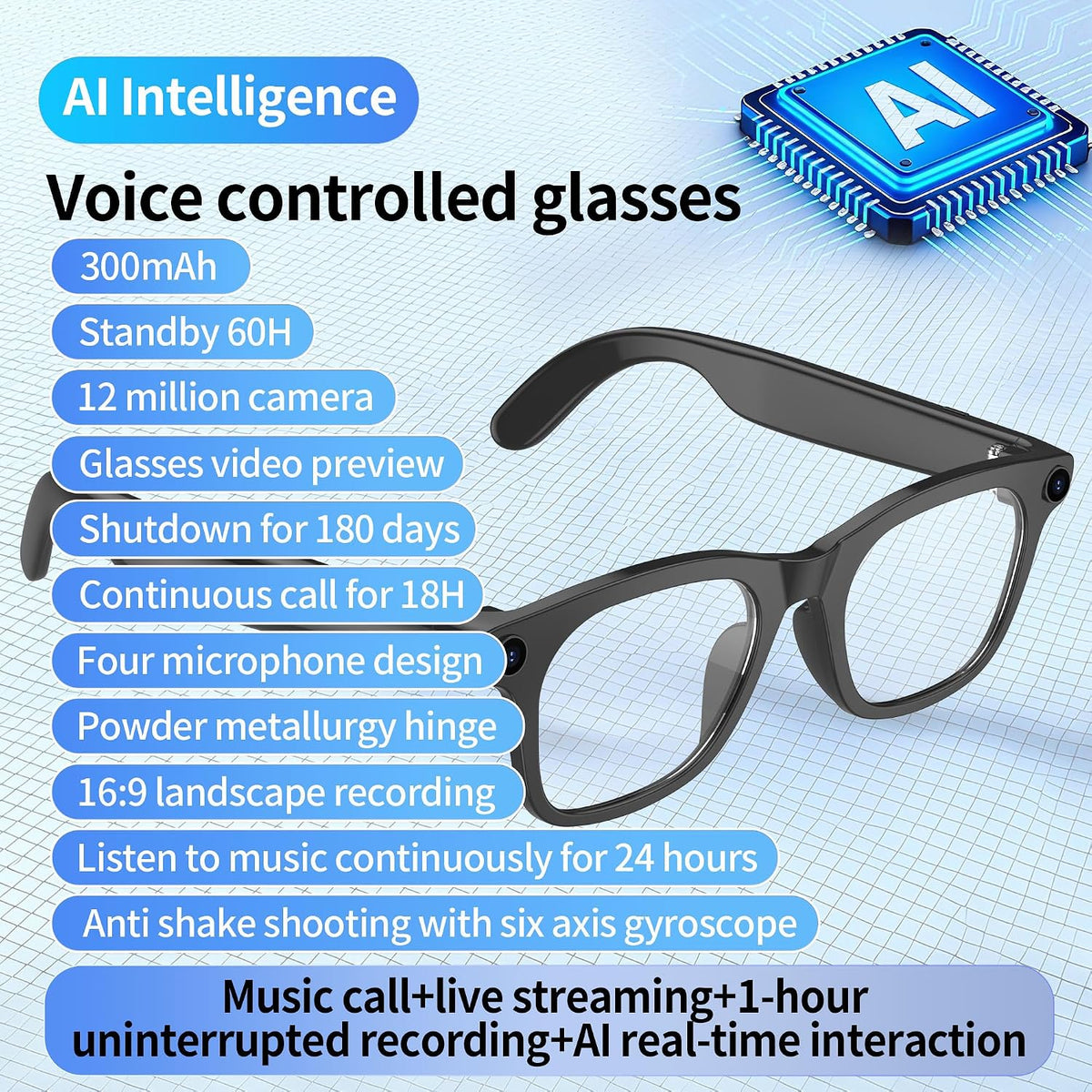 AI Smart Glasses with 12MP Camera, Anti-Shake Video Recording and OTG, Object Recognition, Photo Capture, Real-Time Translation, AI Assistant, Open-Ear Audio, Bluetooth, Replaceable Sunglasses Lenses