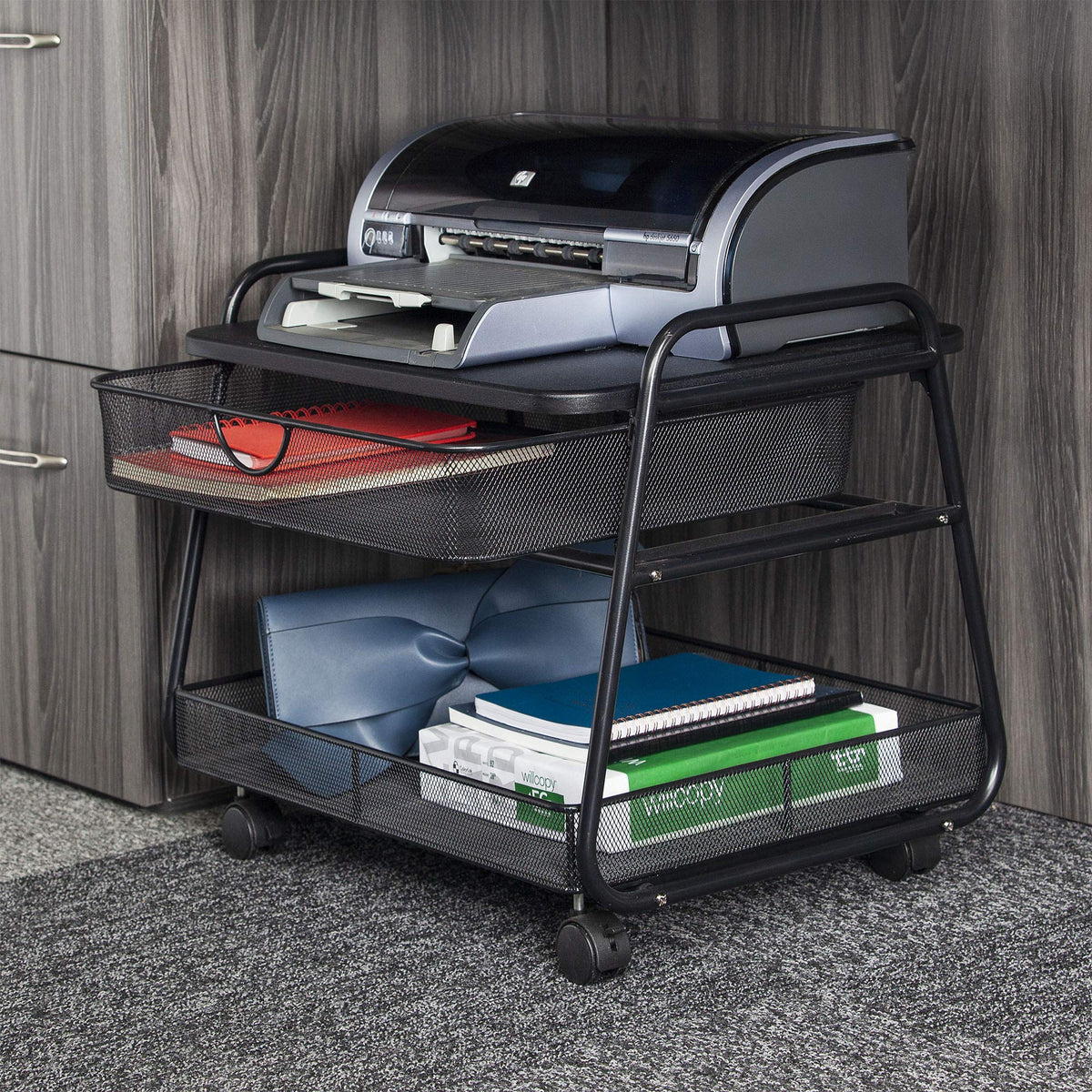 Safco Onyx Rolling Cart Printer Stand, Under-Desk Mobile Utility Table for Home Office with Steel Shelf, Black