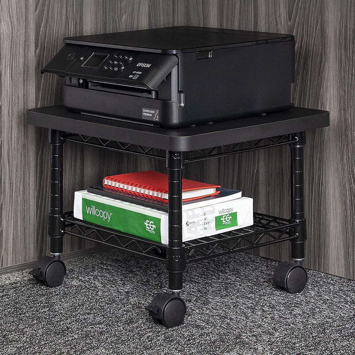 Safco Onyx Rolling Cart Printer Stand, Under-Desk Mobile Utility Table for Home Office with Steel Shelf, Black