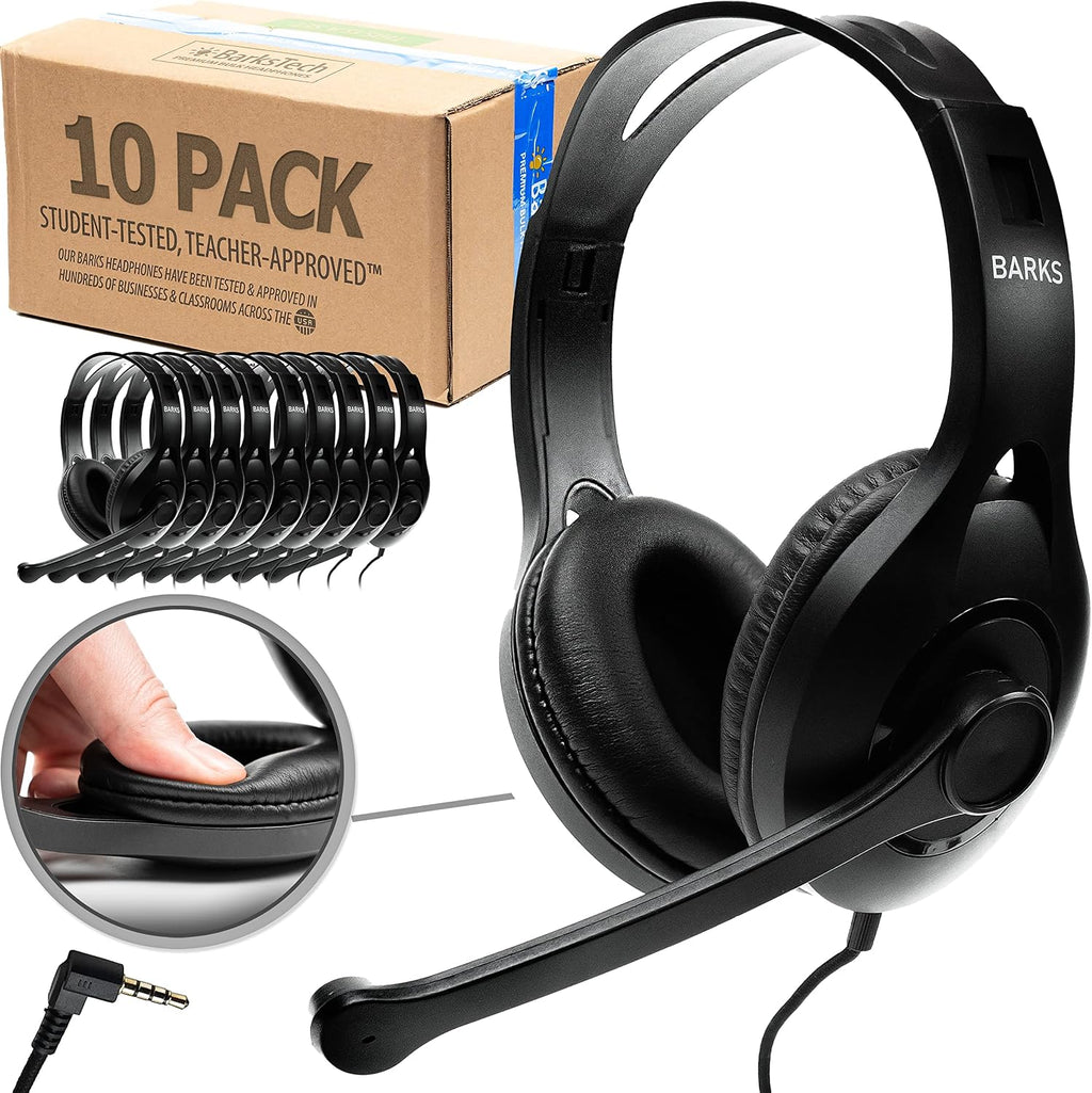 Barks Classroom Headphones with Microphone Bulk 10 Pack (Black, 3.5mm)