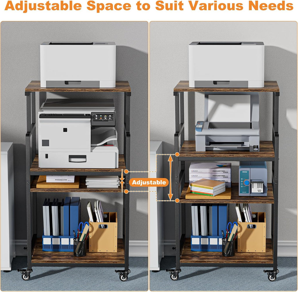Aquzee 4-Tier Printer Stand, Large Printer Table with Wheels, Open Printers Table for Home Office, Rolling Printers Cart with Wheels, 5-Adjustable Heights, 27.5" W*19.7" D*49.3" H, Rustic Brown