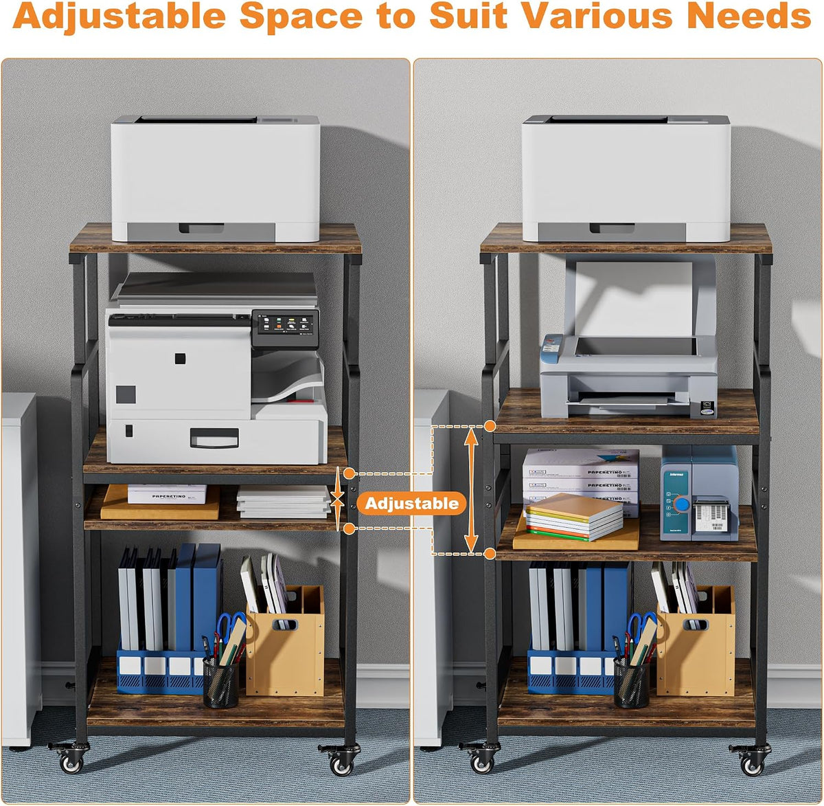 Aquzee 4-Tier Printer Stand, Large Printer Table with Wheels, Open Printers Table for Home Office, Rolling Printers Cart with Wheels, 5-Adjustable Heights, 27.5" W*19.7" D*49.3" H, Rustic Brown