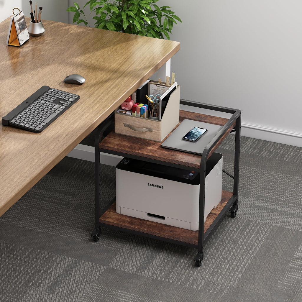 Fannova 2 Tier Under Desk Printer Stand with Storage, 20 Inches Deep Large Printer Table with Height Adjustable Shelf, Rolling Printer Cart with Wheels for Home Office - Black