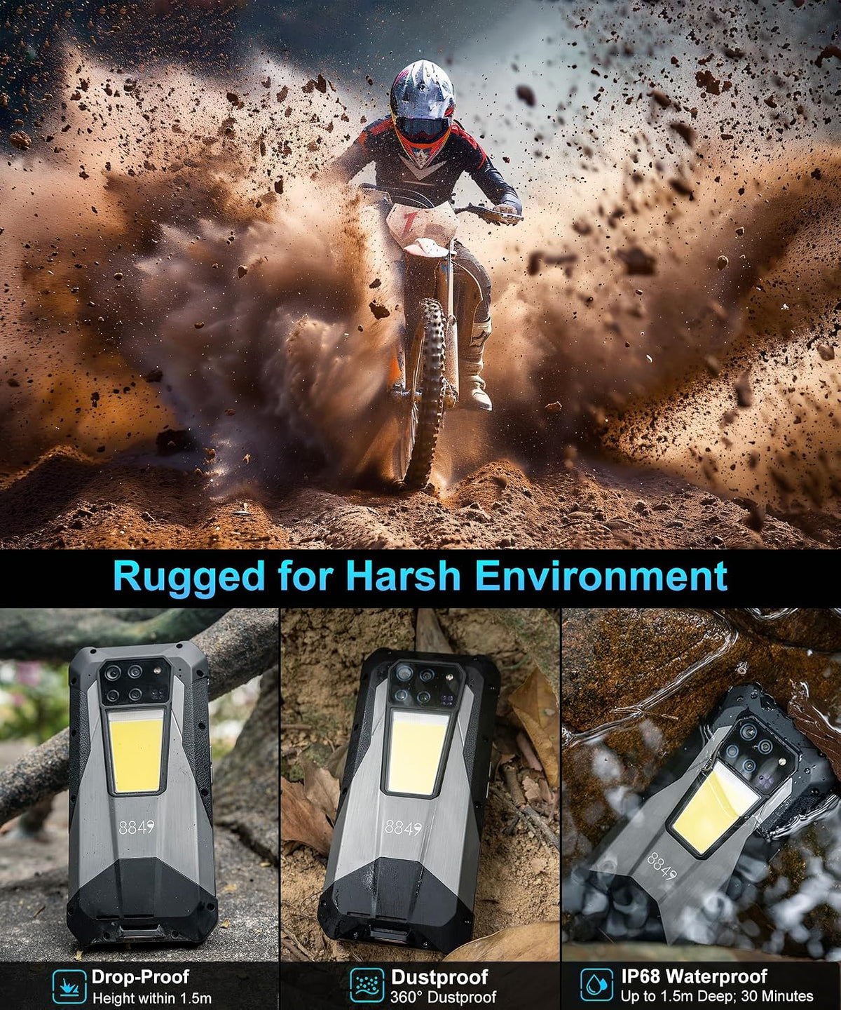 8849 Tank 3 Pro Phone Android 15, 23800mAh 5G Rugged Projector Smartphone