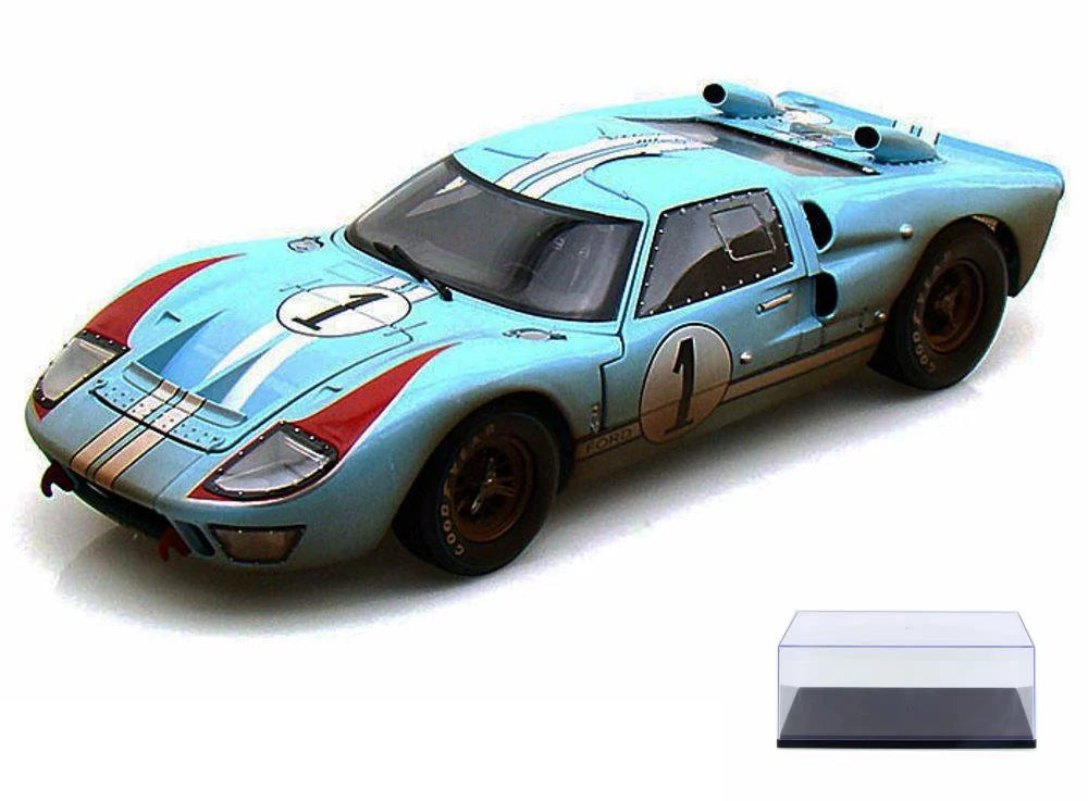 Diecast Car & Display Case Package - 1966 Ford GT-40 MK II #1 w/ Dirt, Gulf Blue - Shelby Collectibles SC405 - 1/18 Scale Diecast Model Toy Car w/Display Case