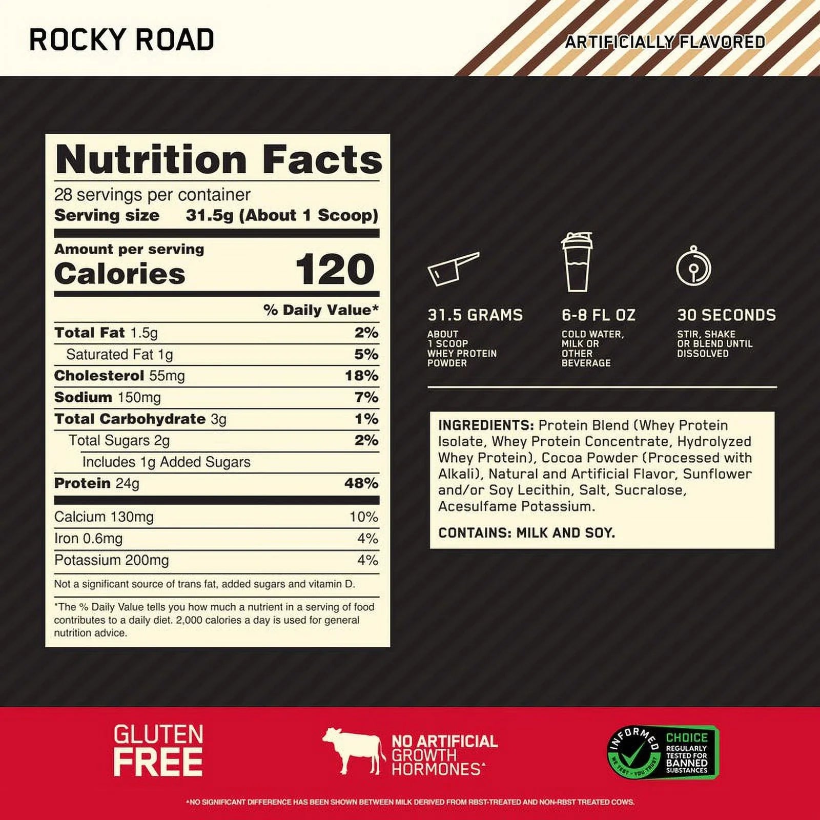 Optimum Nutrition, Gold Standard 100% Whey Protein Powder, Rocky Road, 2 lb, 28 Servings