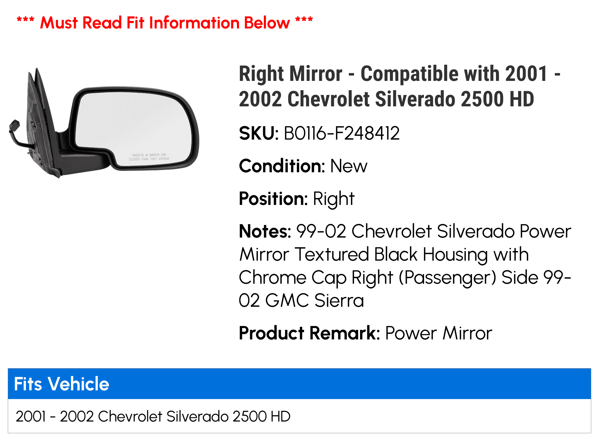Right Mirror - with 2001 - 2002 Chevy Silverado 2500 HD