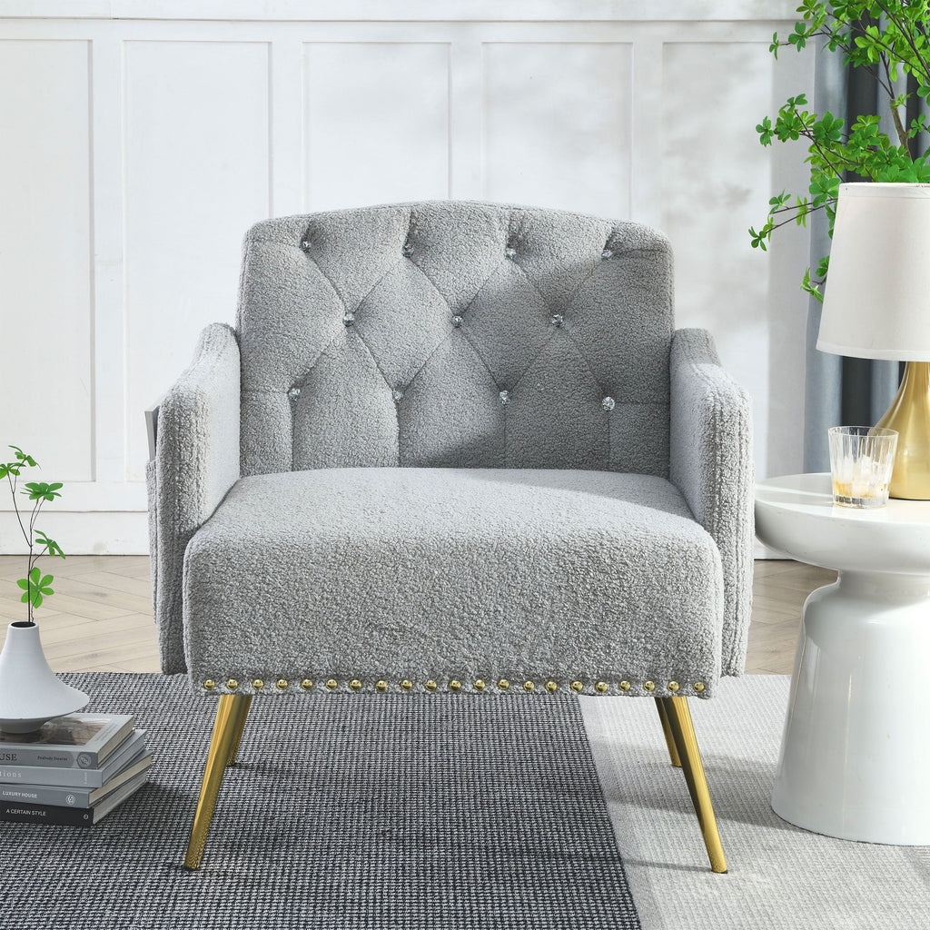 30 "W Modern Chesterfield Tufted Upholstered Chair with Deep Buttons, Living Room Chair, Comtable Armchair, Gold Hardware Legs, Tufted Chair Reading or Relaxing, GREY TEDDY