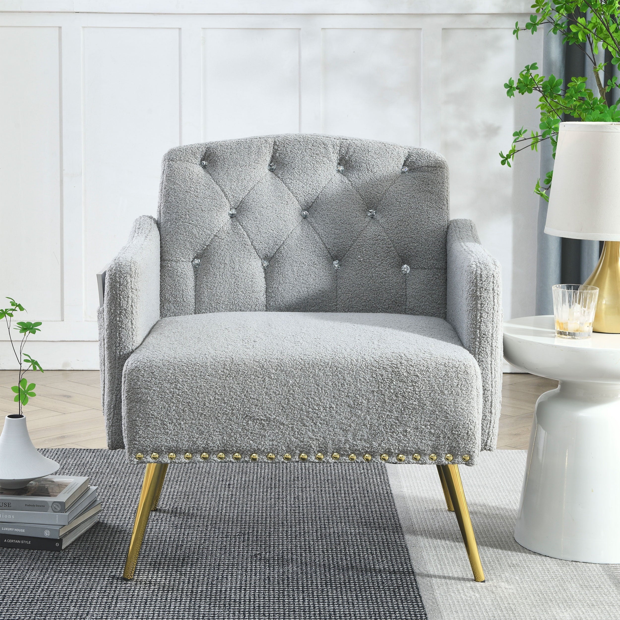 30 "W Modern Chesterfield Tufted Upholstered Chair with Deep Buttons, Living Room Chair, Comtable Armchair, Gold Hardware Legs, Tufted Chair Reading or Relaxing, GREY TEDDY