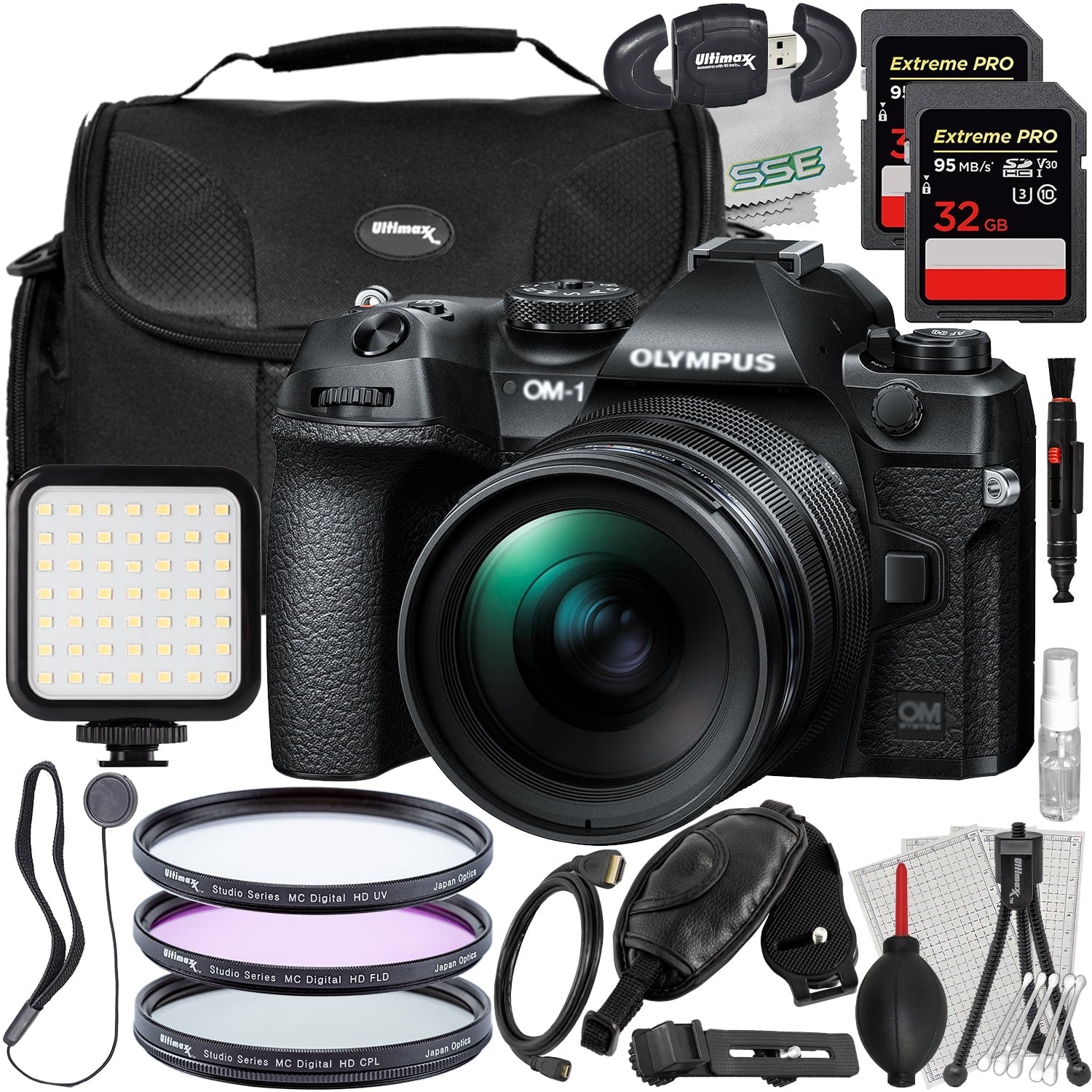 Ultimaxx Essential OM SYSTEM OM-1 Mirrorless Camera w/ 12-40mm f/2.8 Lens Bundle - Includes: 2x 32GB Extreme Pro SDXC’s, 3PC Protective Filter Kit & Much More (29pc Bundle)