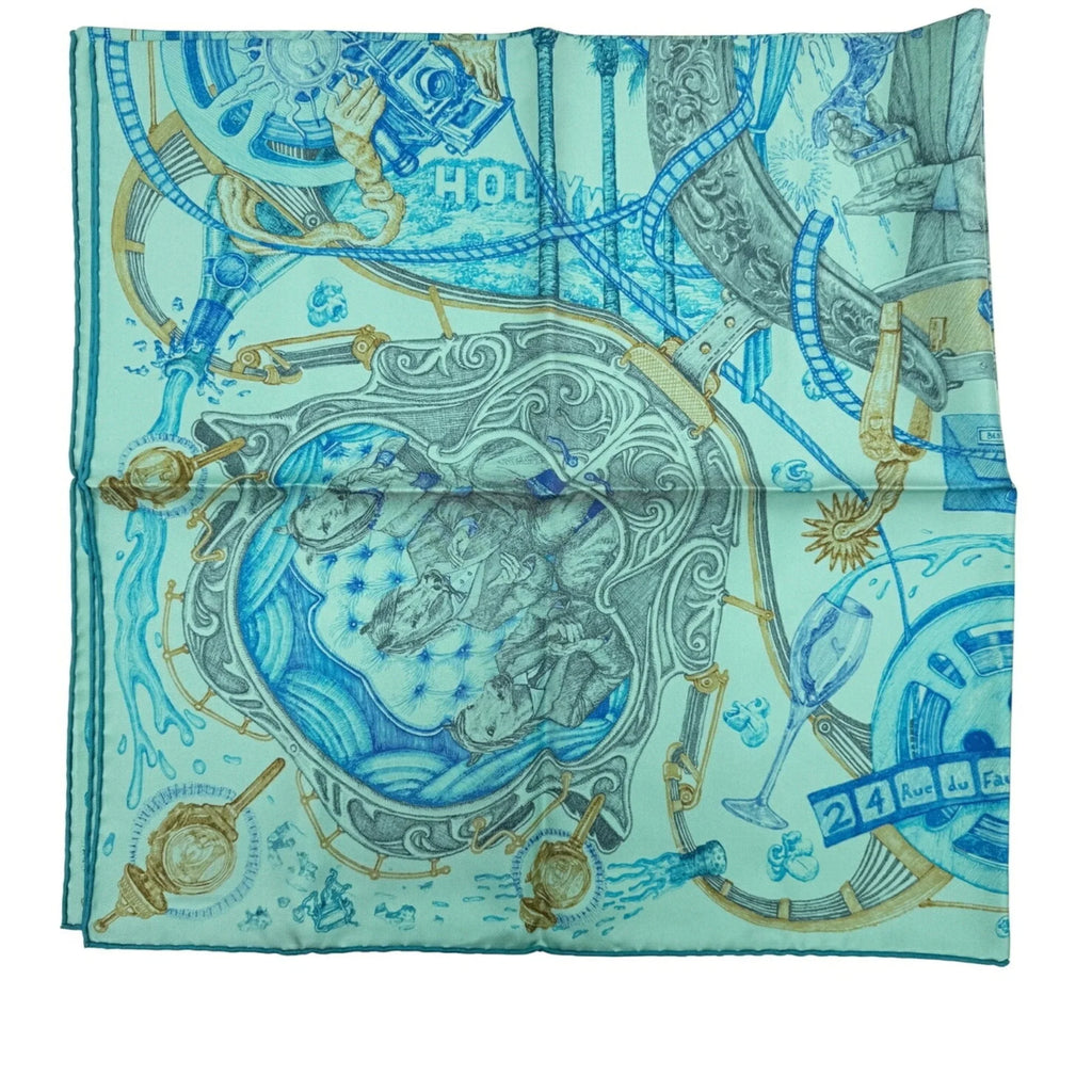 Pre-Owned Hermes HERMES Kare90 The Horsewards Horse Award Silk Green Blue Gray Scarf Large Ladies (Like New)