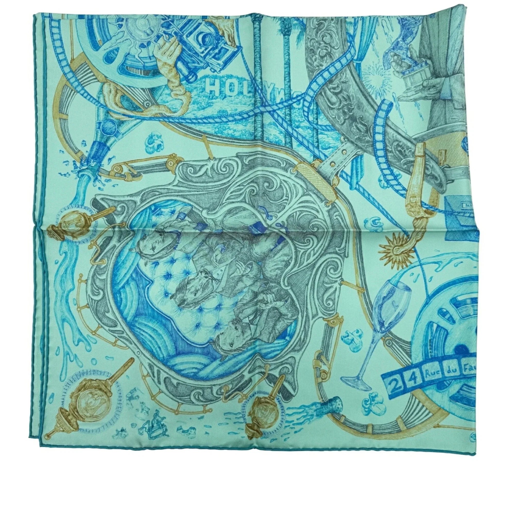 Pre-Owned Hermes HERMES Kare90 The Horsewards Horse Award Silk Green Blue Gray Scarf Large Ladies (Like New)