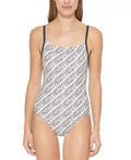 DKNY WHITE/BLACK Logo-Print One-Piece Swimsuit, US Large