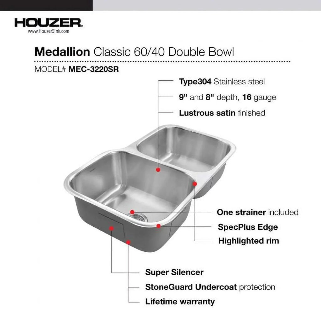 Houzer MEC-3220SR-1 31-1/2" x 17-15/16" x 20-3/16" 31-1/2" x 20-3/16" Stainless Steel Undermount 60/40 Double Bowl Kitchen Sink, Small Bowl Right