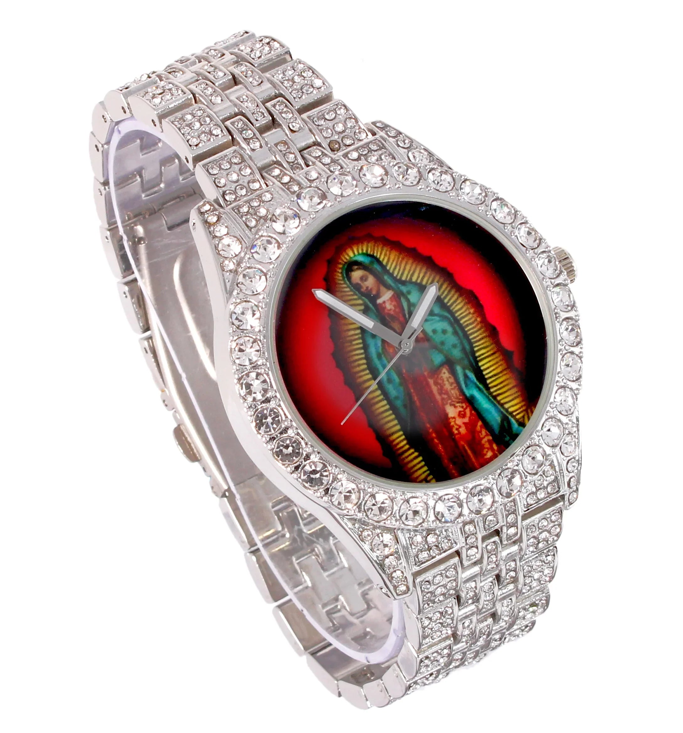 Charles Raymond The Virgin of Guadalupe Blessed Dial - Mens Hip Hop Metal Iced Out Wristwatch - Blinged Out Big Rhinestones on Trim - ST10226 BGS Single (Silver ST10361A)