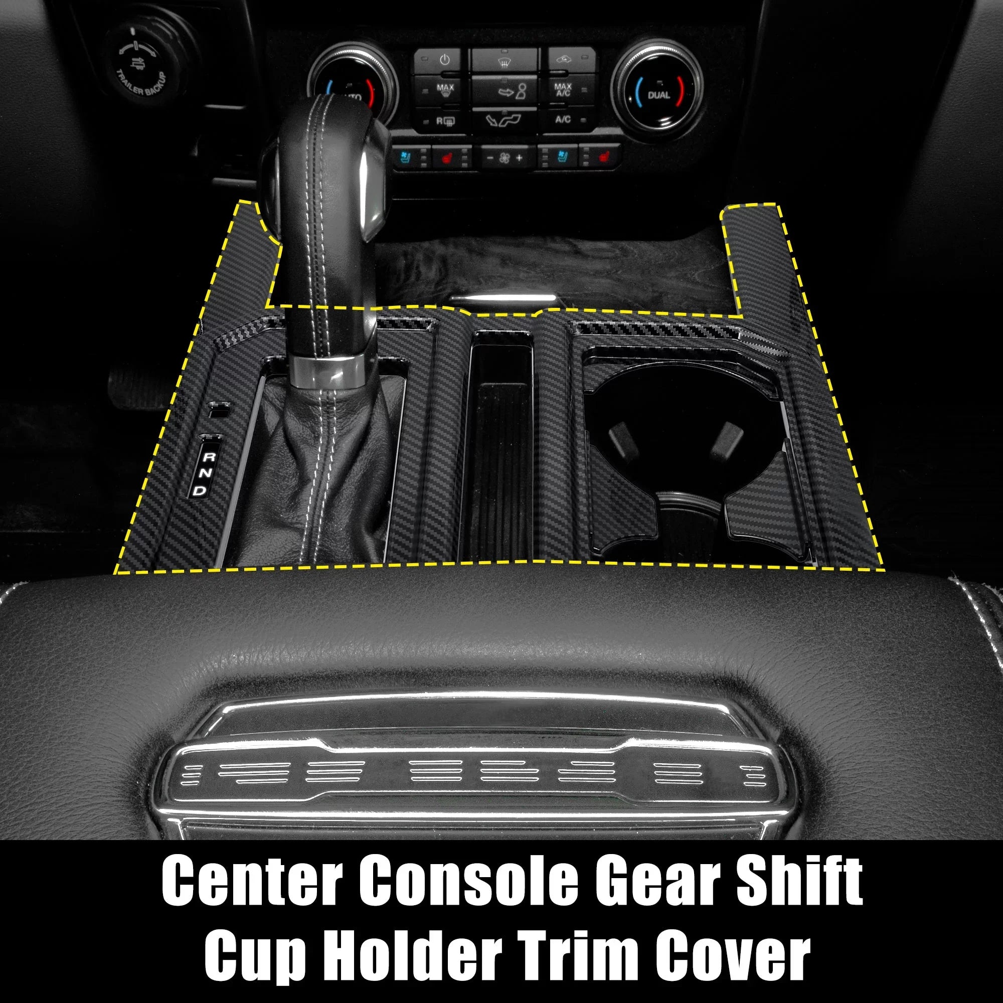 Carbon Fiber Pattern Car Center Console Gear Shift Cup Holder Trim Shield Ford F-150 2015 2016 2017 2018 2019 Black