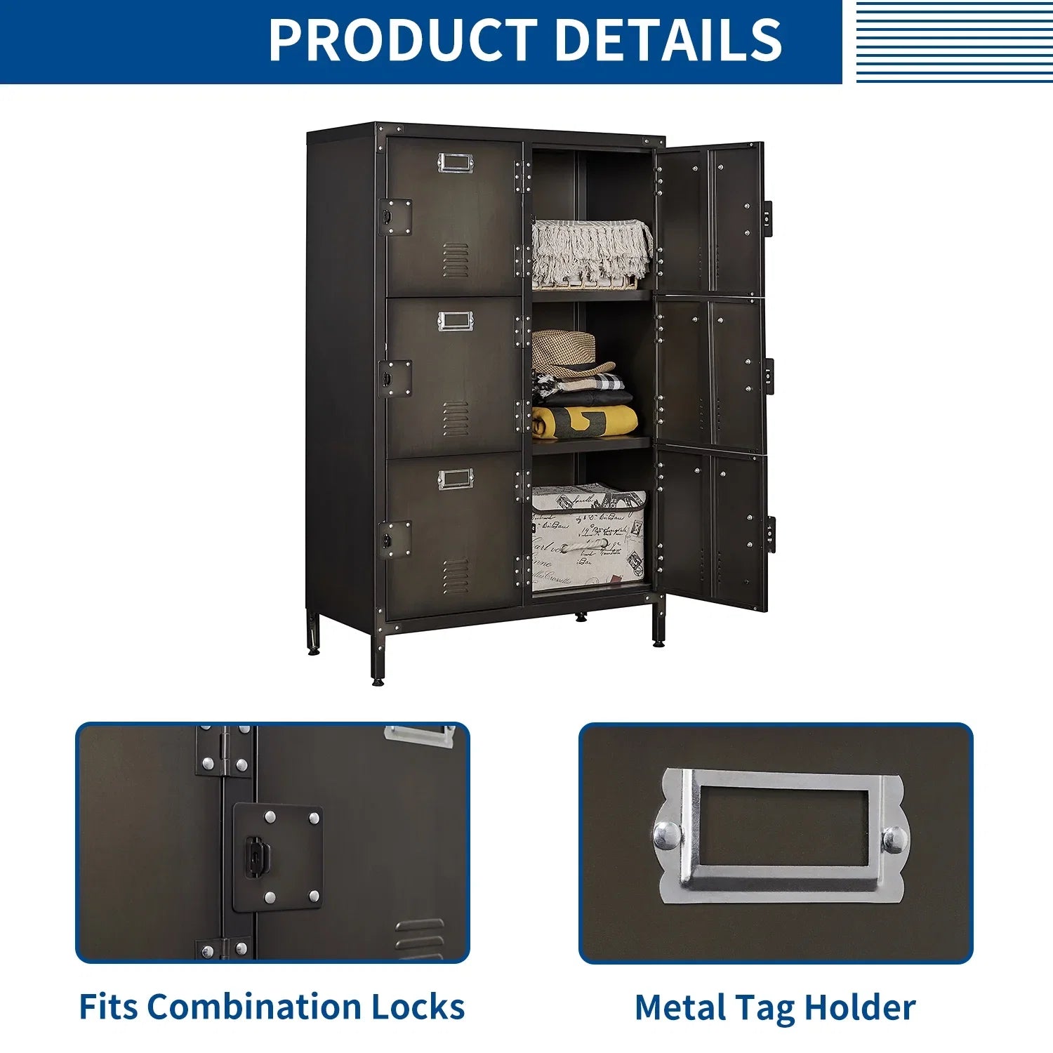 STANI Metal Locker 47.3" Steel Storage Cabinet with 2 Shelf ,Office School Gym Bedroom Metal Storage Locker Cabinets Employees Students Steel Locker