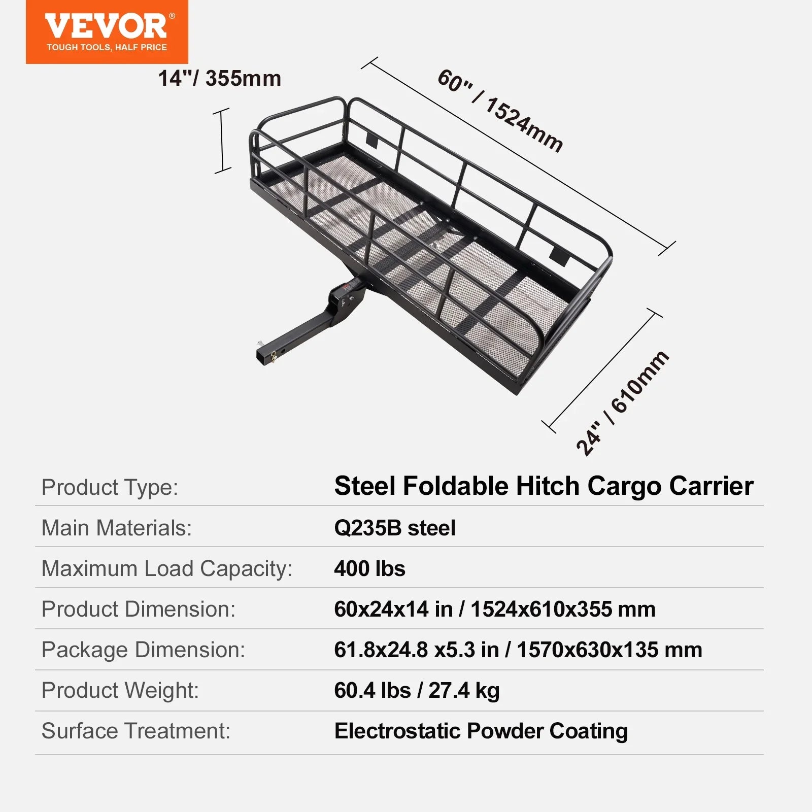 SKYSHALO 60x24x14in Hitch Mount Cargo Carrier 400lb & Stabilizer Fits 2" Receiver