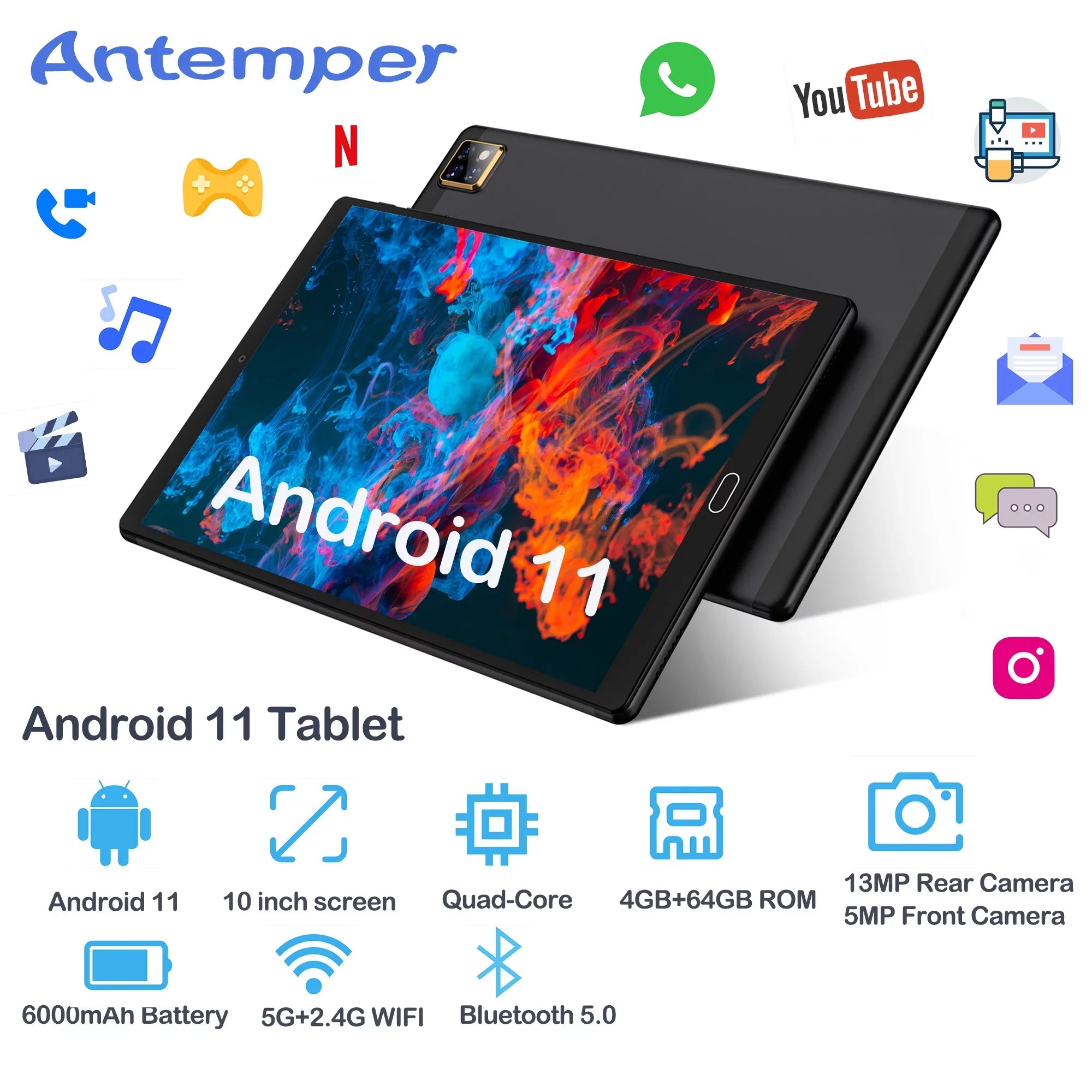 10 inch Tablet Android 11 Tablets with Keyboard, 4GB RAM 64GB ROM 128GB Expand, 5G/2.4G Wi-Fi, HD IPS Display, 6000mAh Tablet PC with Case,Mouse,GMS Certified,Black