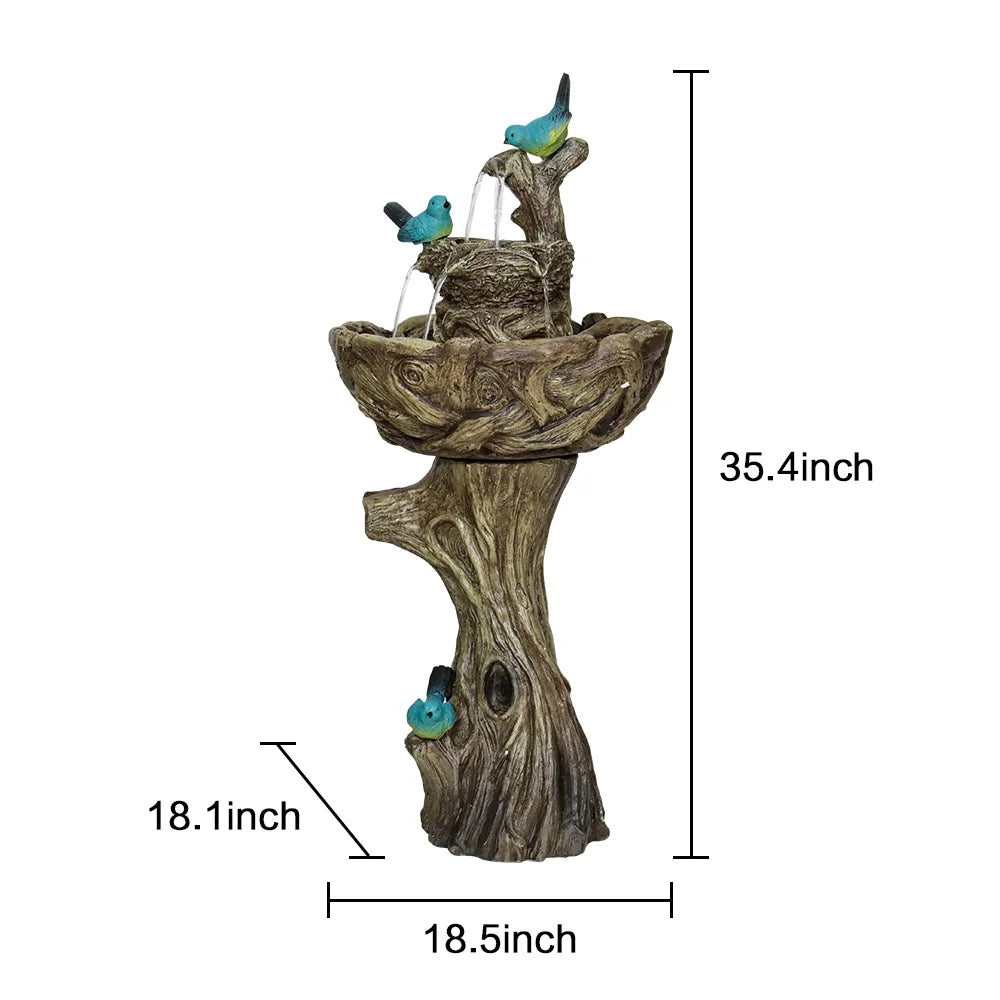 3-Tier Outdoor Water Fountain Bird Bath Patio Fountain Outdoor Stump Like Waterfall Fountain with Birds Decor Freestanding Patio Water Fountain Pump Garden Yard Patio Porch