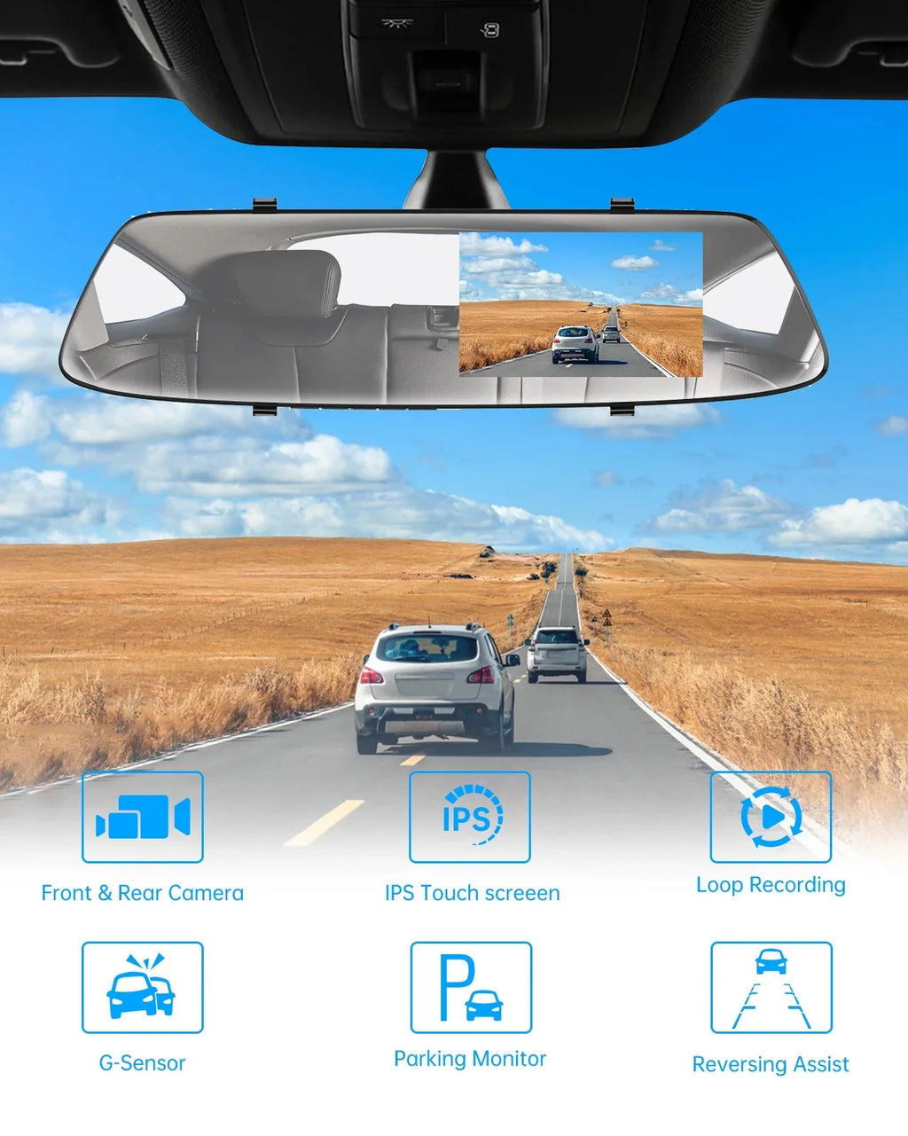 TOGUARD 720P Dual Dash Camera Front and Rearm, 4.3" Full Touch Screen, Rear View Mirror Camera, Night Vision, Parking Assist, Loop Recording, G-Sensor